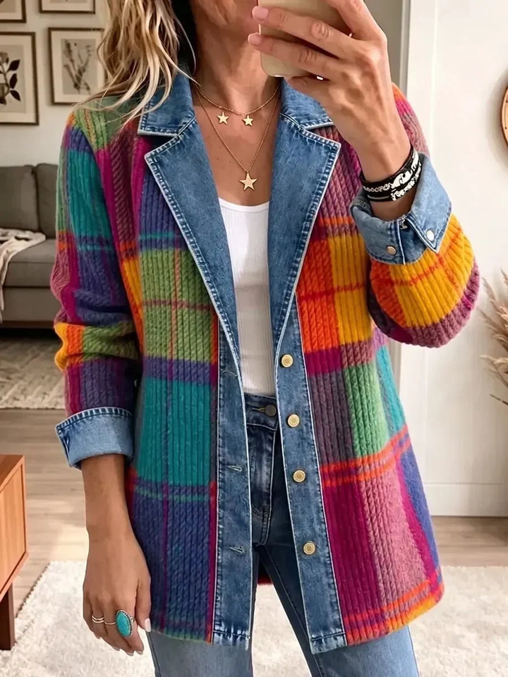 Patchworkowa kurtka w kratę w stylu vintage z wykończeniem jeansowym