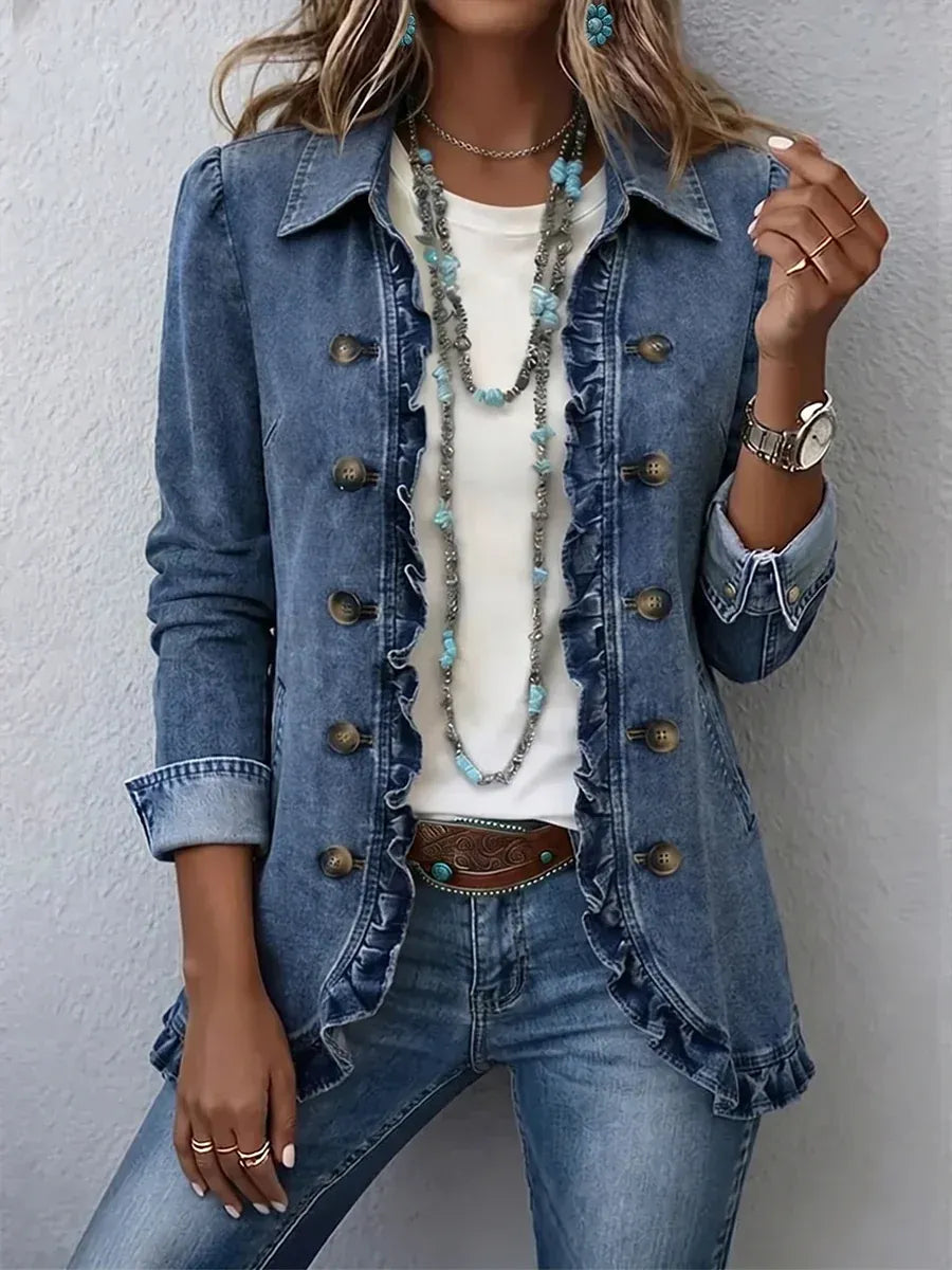 Kurtka utility z haftem kwiatowym – styl vintage boho z falbankami