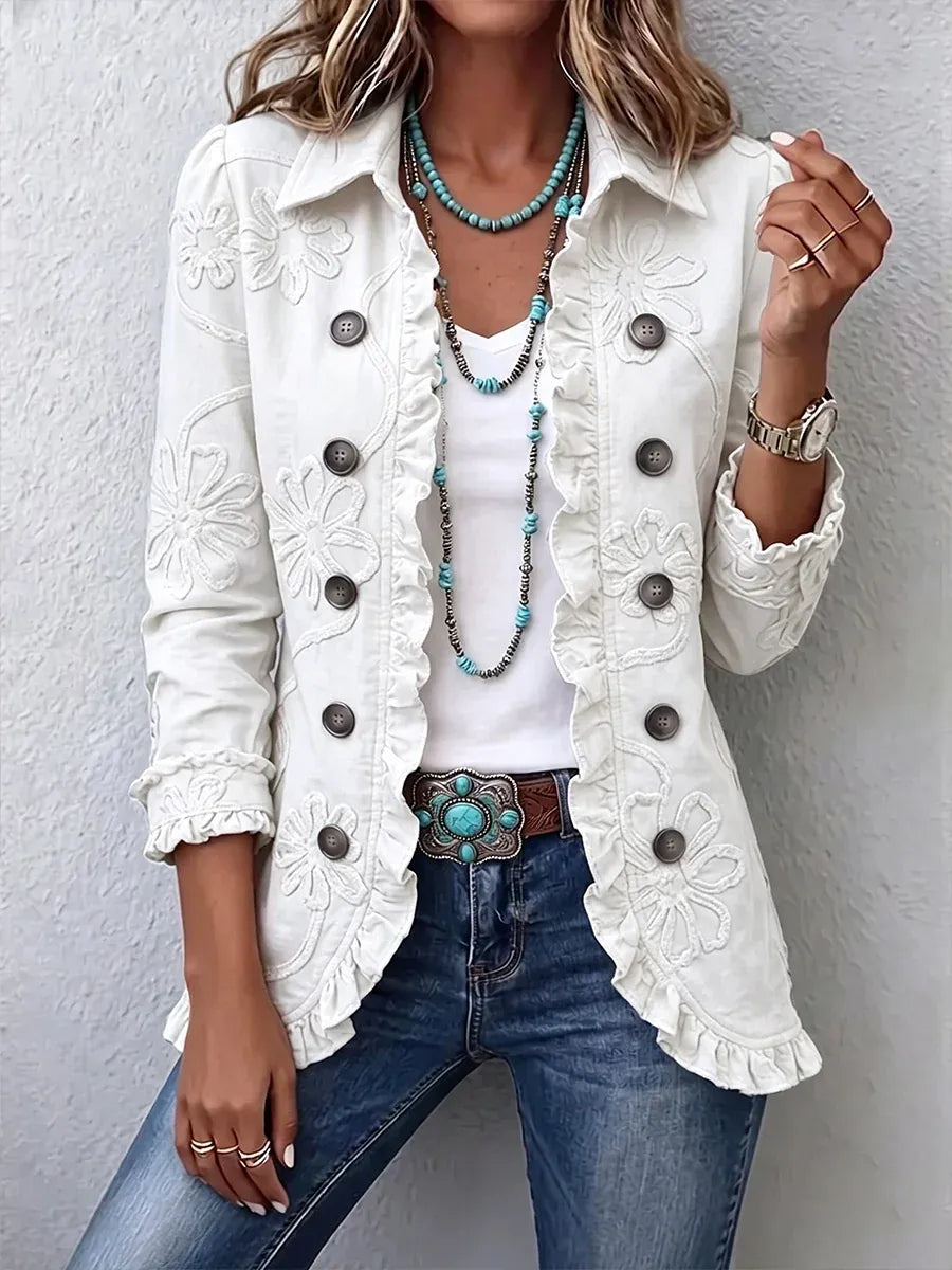 Kurtka utility z haftem kwiatowym – styl vintage boho z falbankami