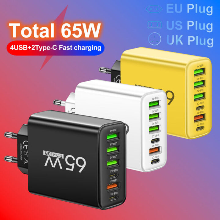 PowerMax 65W 6-w-1 szybka ładowarka – ładuje do 6 urządzeń jednocześnie – idealna do domu, biura i podróży