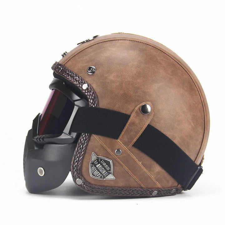Otwarty kask motocyklowy retro vintage z osłoną i goglami