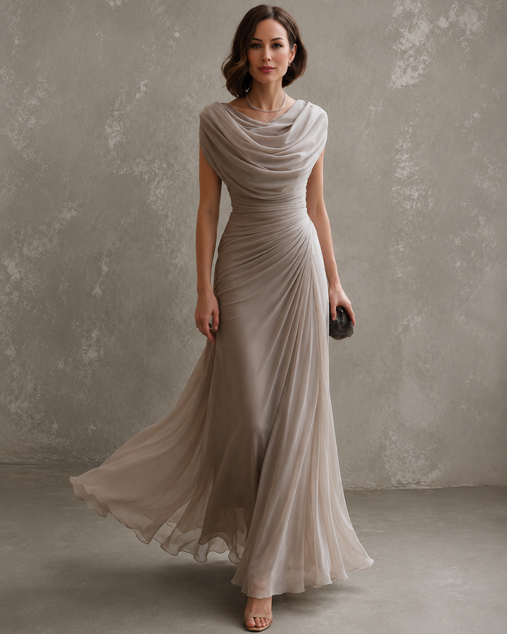 Elegancka drapowana sukienka maxi – bezrękawnikowa, formalna suknia wieczorowa