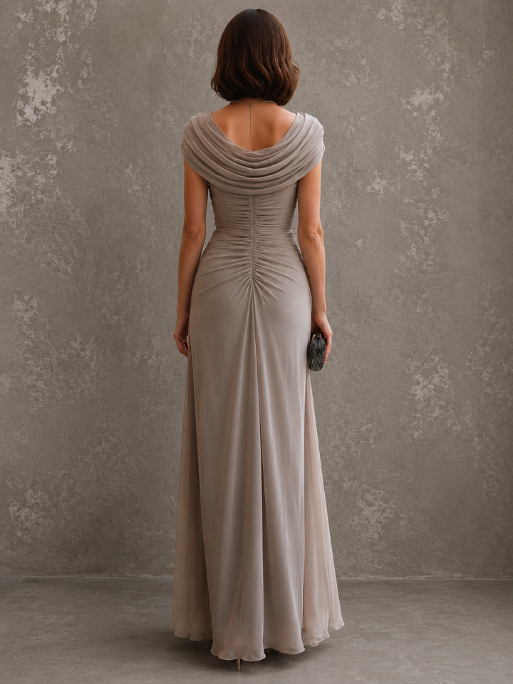 Elegancka drapowana sukienka maxi - formalna suknia wieczorowa bez rękawów