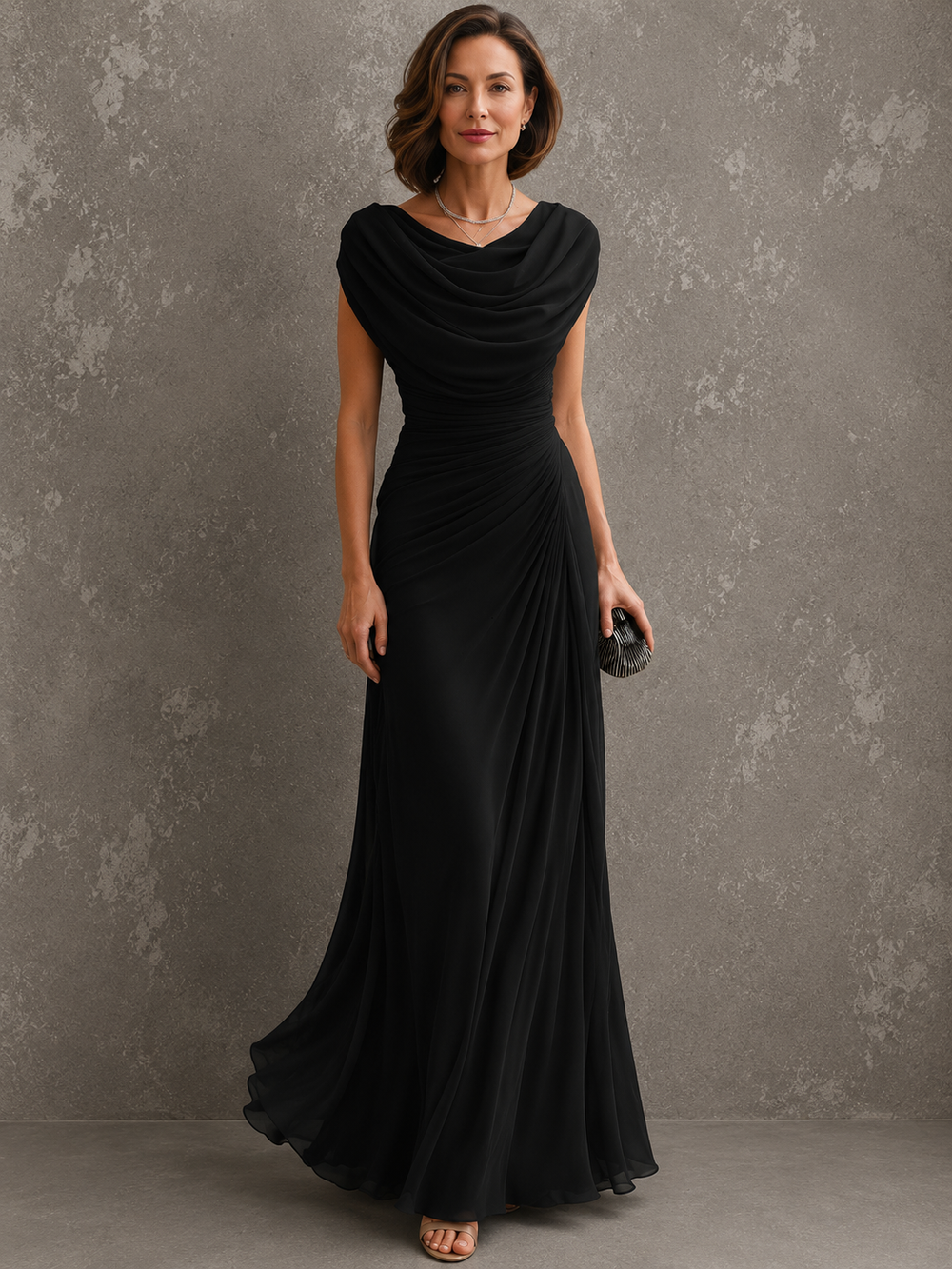Elegancka drapowana sukienka maxi – bezrękawnikowa, formalna suknia wieczorowa