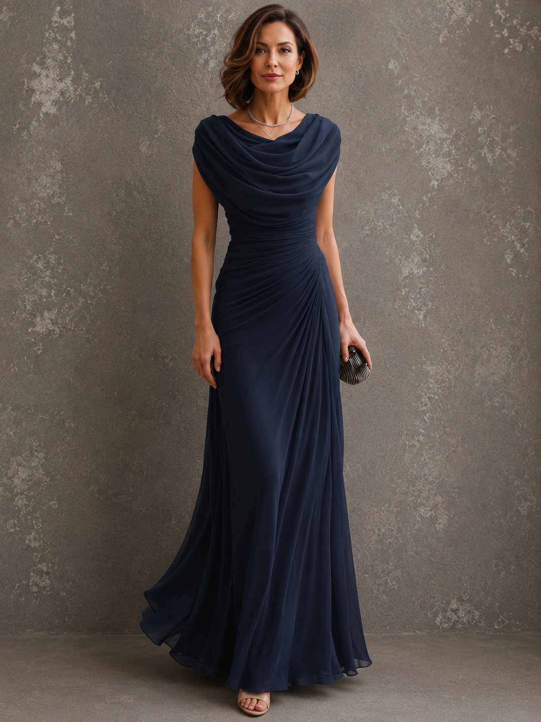 Elegancka drapowana sukienka maxi – bezrękawnikowa, formalna suknia wieczorowa