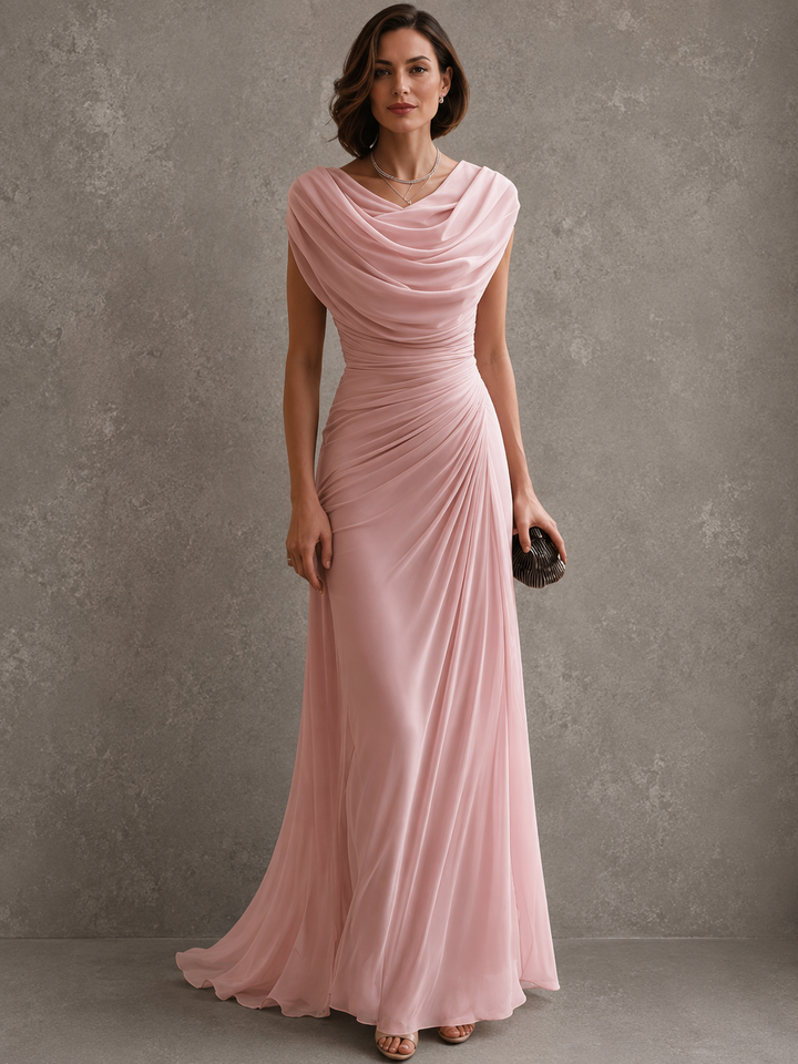 Elegancka drapowana sukienka maxi - formalna suknia wieczorowa bez rękawów