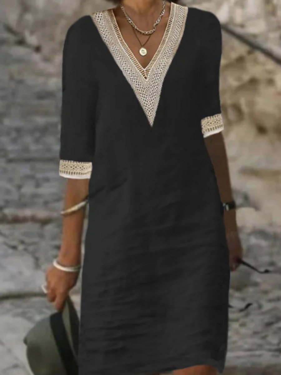Kobieca Sukienka Casual Len Blend V-Neck Lace Trim