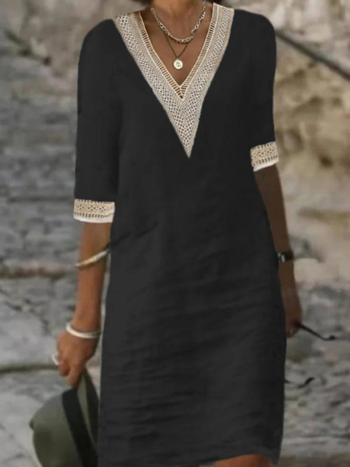 Kobieca Sukienka Casual Len Blend V-Neck Lace Trim