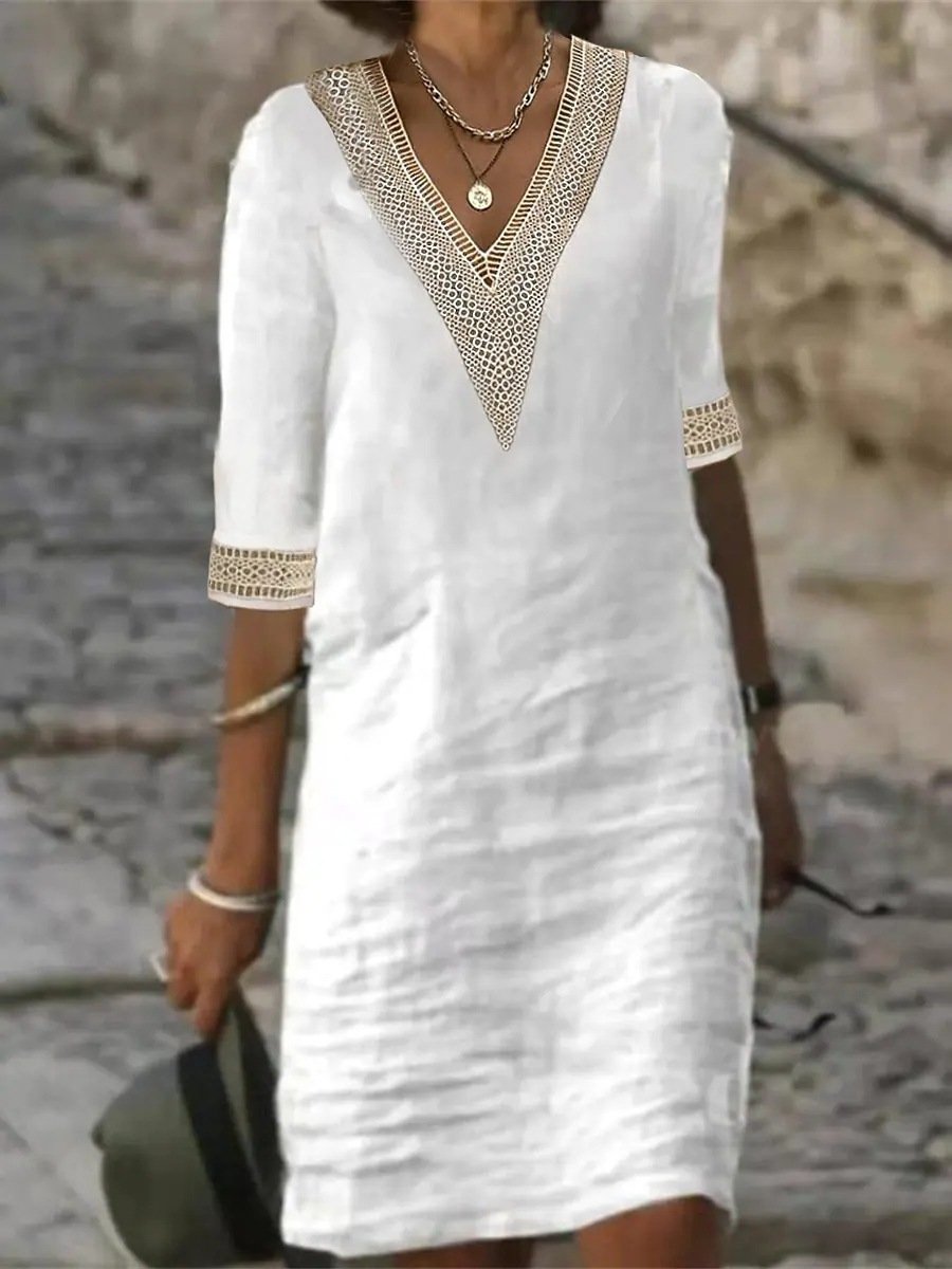 Kobieca Sukienka Casual Len Blend V-Neck Lace Trim