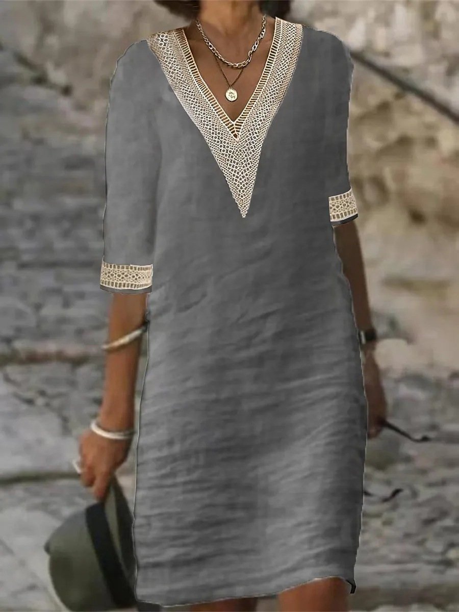 Kobieca Sukienka Casual Len Blend V-Neck Lace Trim
