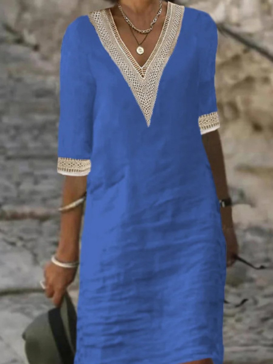 Kobieca Sukienka Casual Len Blend V-Neck Lace Trim