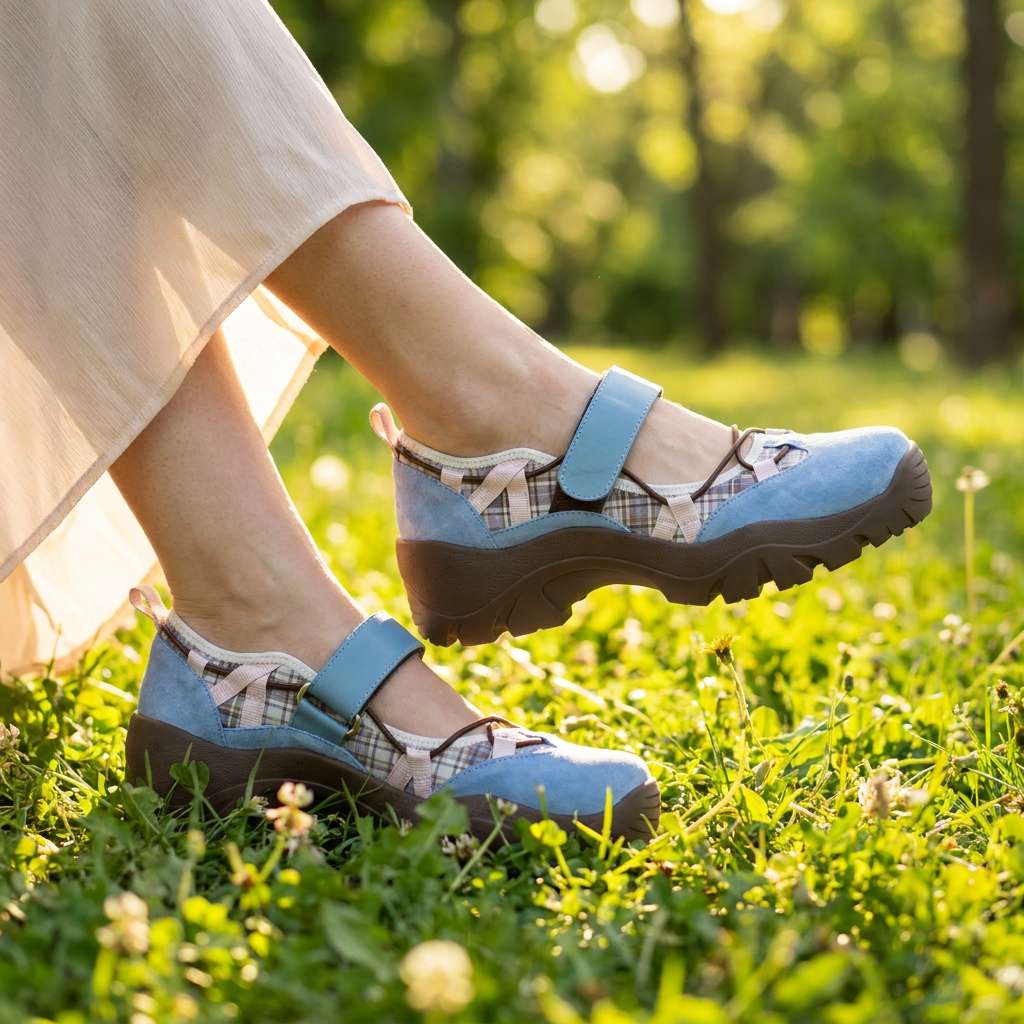 Damskie wygodne wsuwane buty z paskiem na rzepy | Lekkie slip-ony