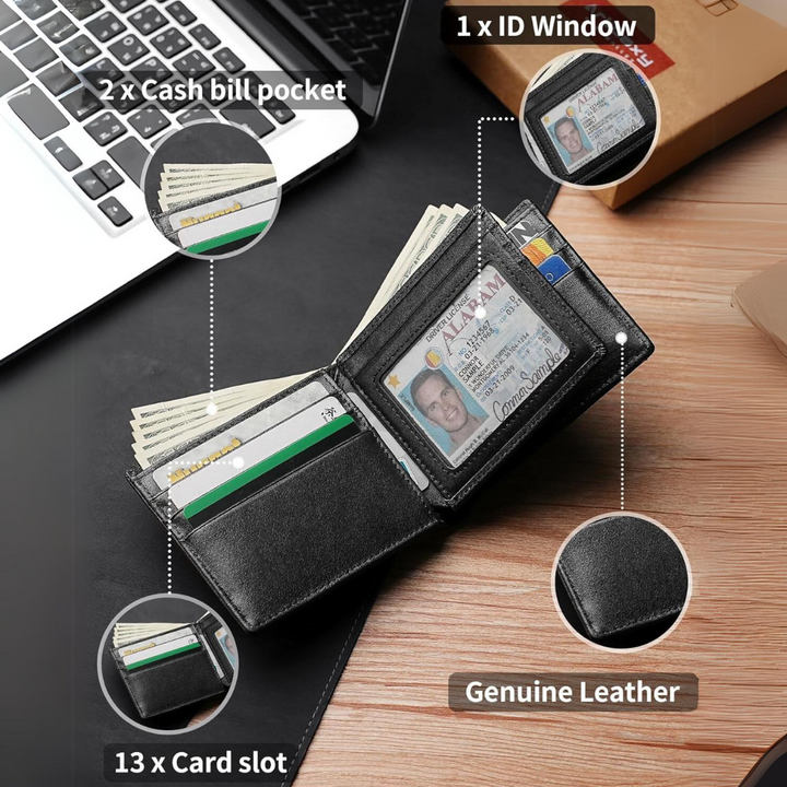 Męski portfel bifold z prawdziwej skóry z ochroną RFID