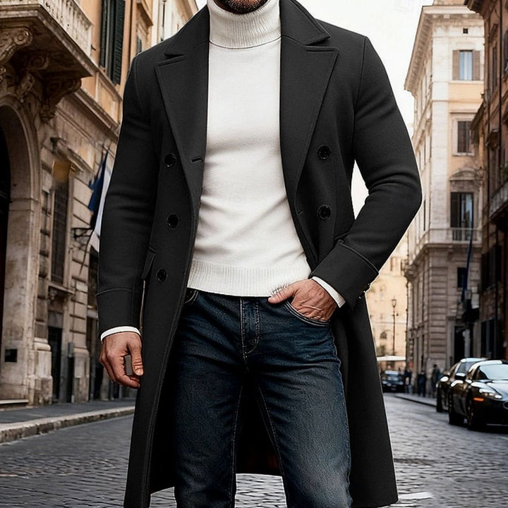Męski długi płaszcz wełniany dwurzędowy w kroju taliowanym