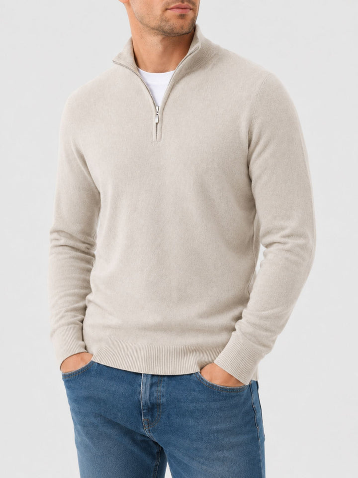 Męski sweter z wełny merino z dekoltem w serek i detalem z zamkiem