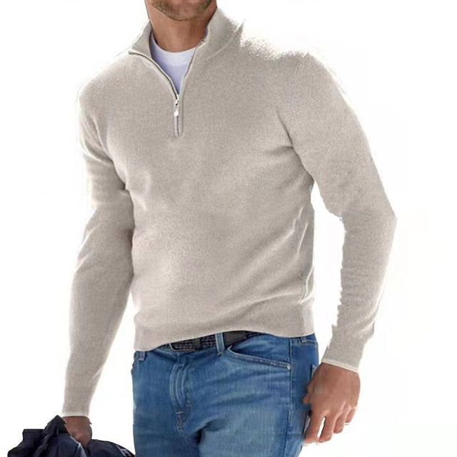 Męski sweter z wełny merino z dekoltem w serek i detalem z zamkiem