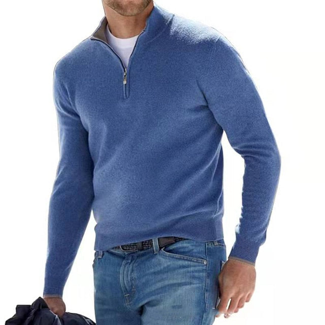 Męski sweter z wełny merino z dekoltem w serek i detalem z zamkiem