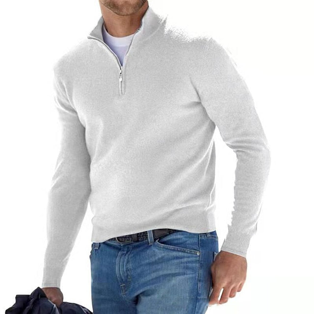 Męski sweter z wełny merino z dekoltem w serek i zamkiem