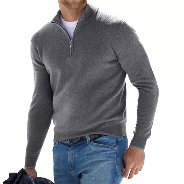 Męski sweter z wełny merino z dekoltem w serek i detalem z zamkiem
