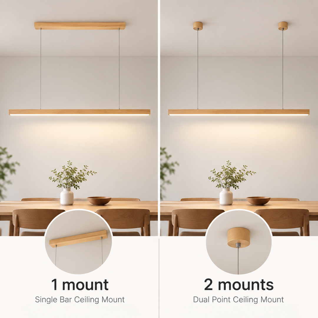 Drewniana lampa wisząca LED ze smukłą belką – liniowy design