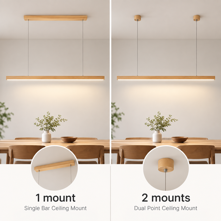 Drewniana lampa wisząca LED ze smukłą belką – liniowy design