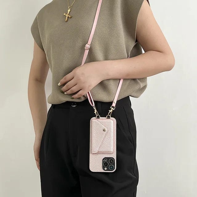 Skórzana torebka na telefon na ramię ze sznurkiem i miejscem na karty