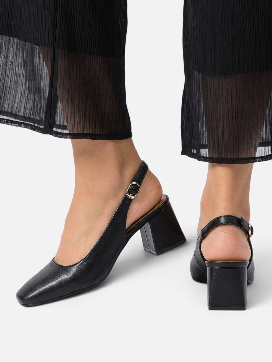 Damskie skórzane czółenka slingback z kwadratowym noskiem na słupku
