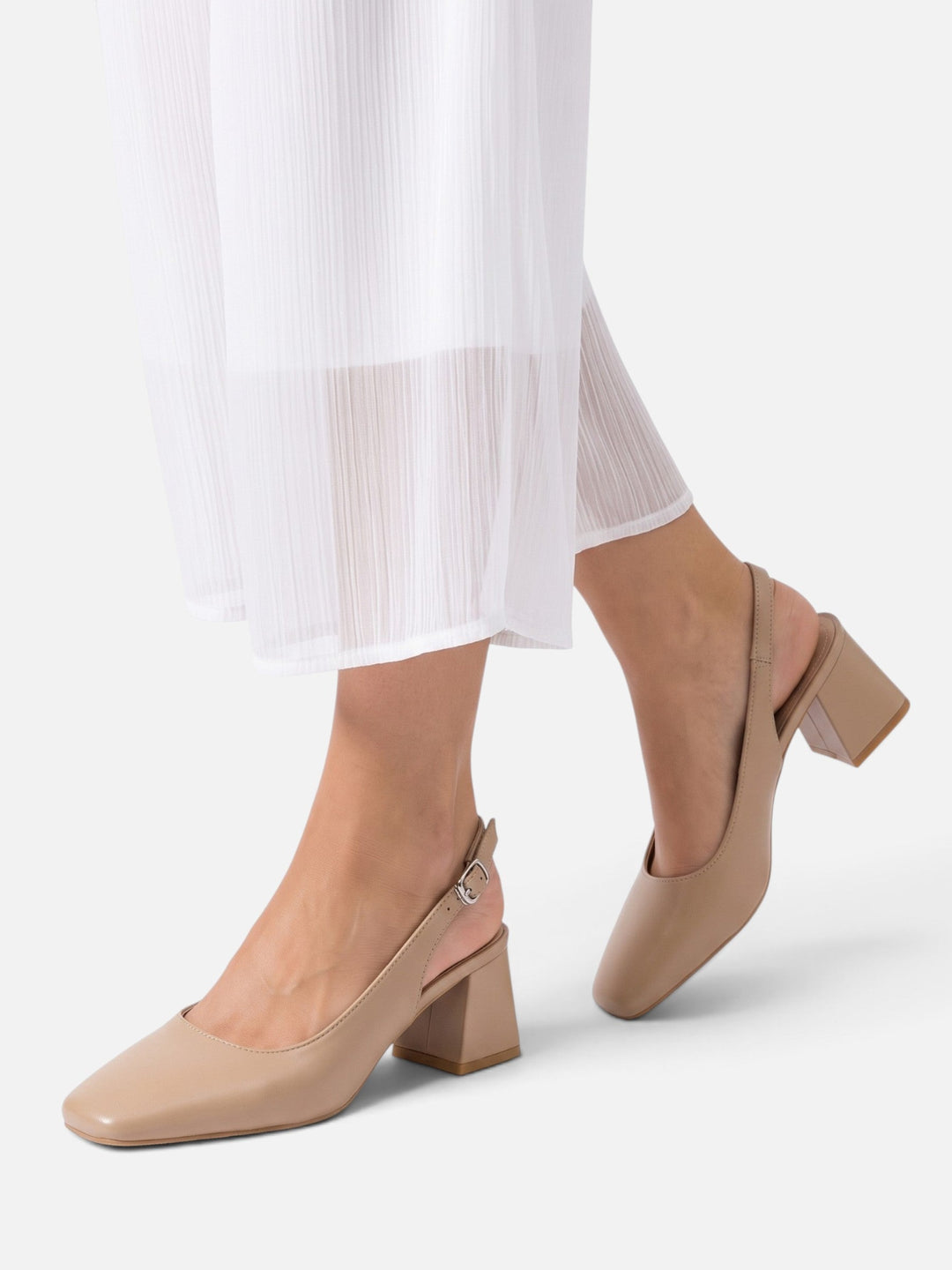 Damskie skórzane czółenka slingback z kwadratowym noskiem na słupku