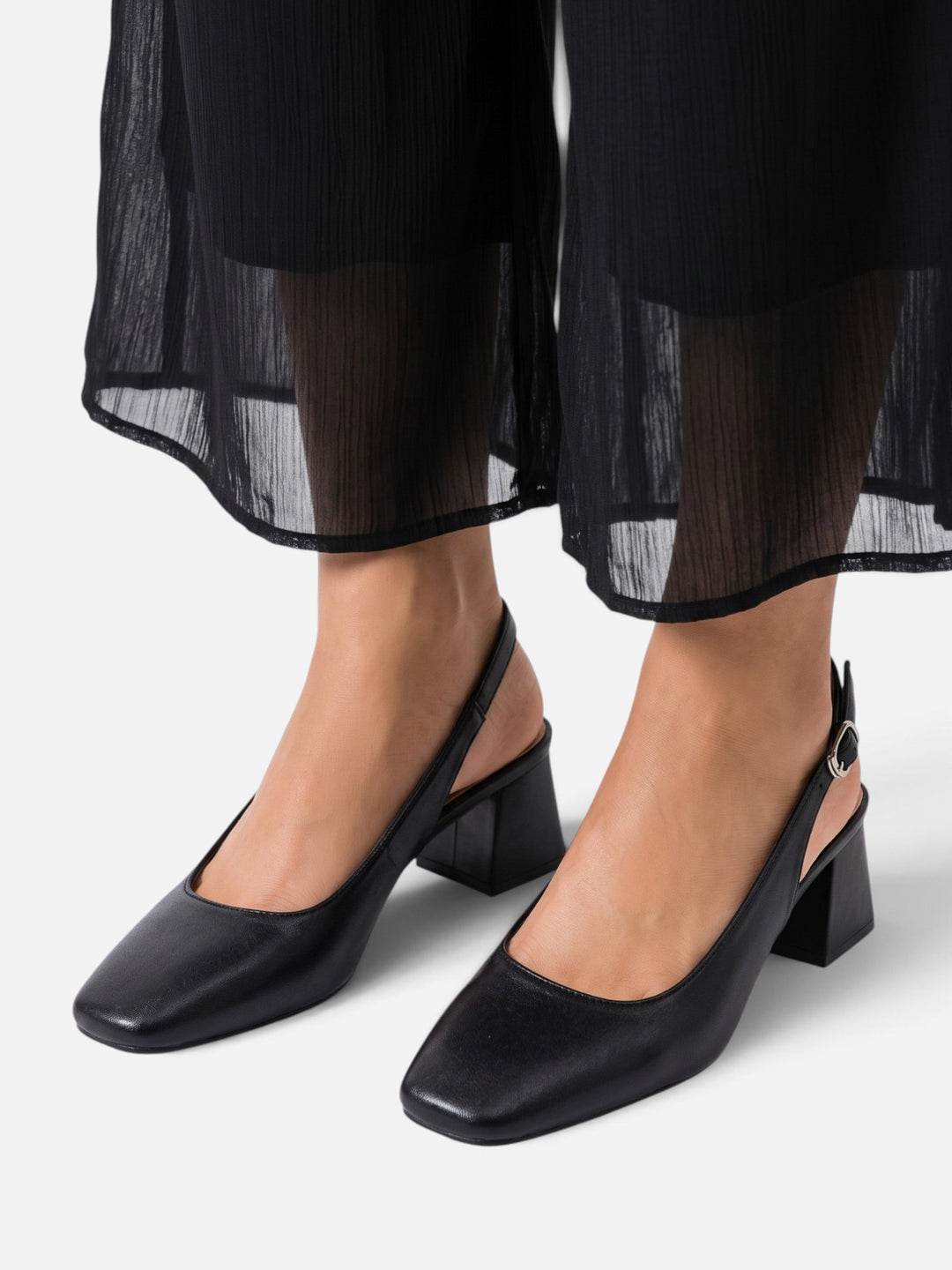 Damskie skórzane czółenka slingback z kwadratowym noskiem na słupku