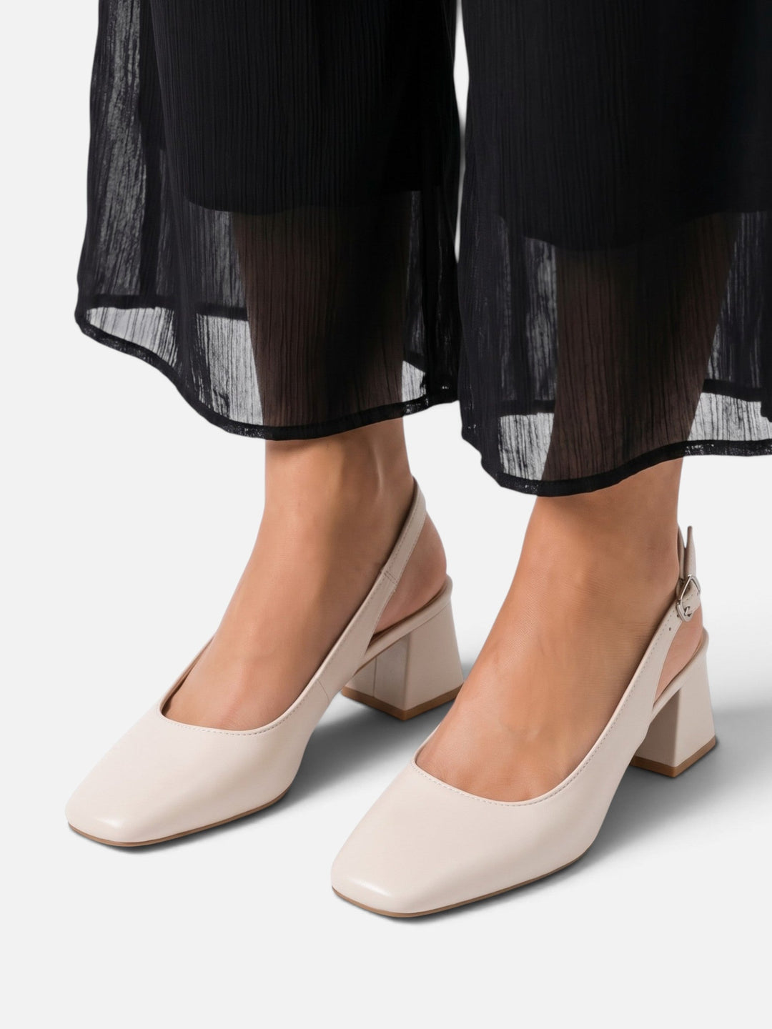 Damskie skórzane czółenka slingback z kwadratowym noskiem na słupku