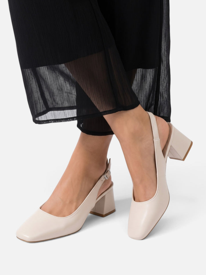 Damskie skórzane czółenka slingback z kwadratowym noskiem na słupku