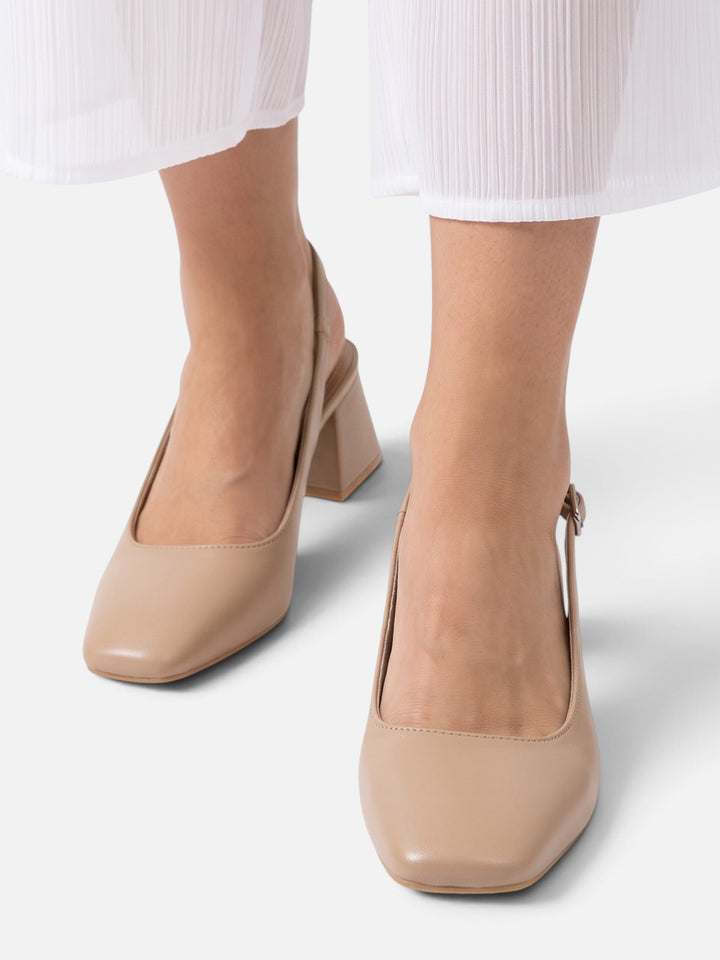 Damskie skórzane czółenka slingback z kwadratowym noskiem na słupku