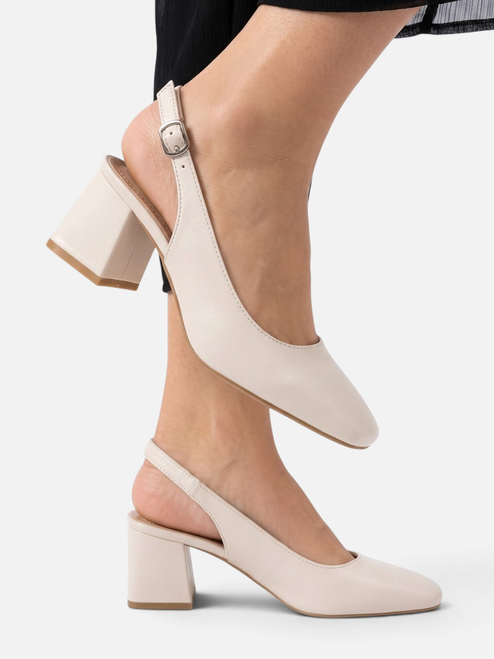 Damskie skórzane czółenka slingback z kwadratowym noskiem na słupku