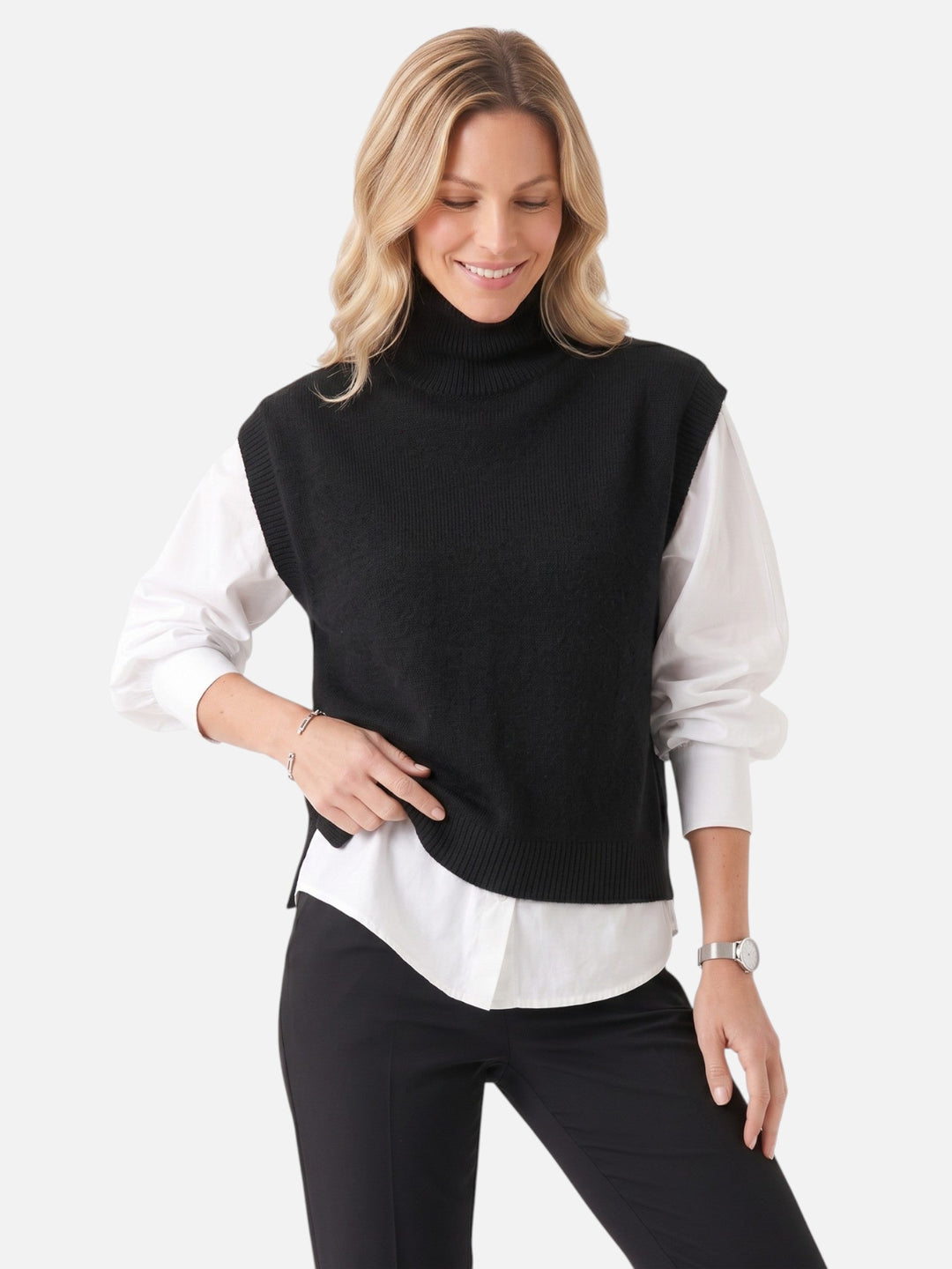 Damski dzianinowy sweter bez rękawów z golfem