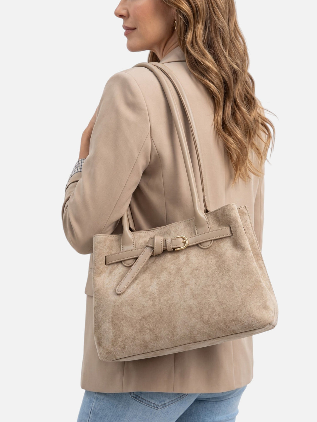 Damska zamszowa torba shopper z uchwytami i sprzączką