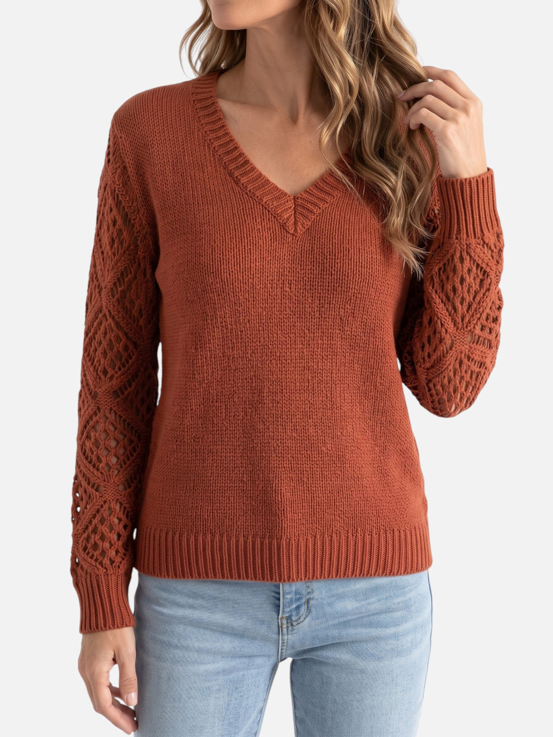 Damski sweter w serek z dzianiny w stylu szydełkowym