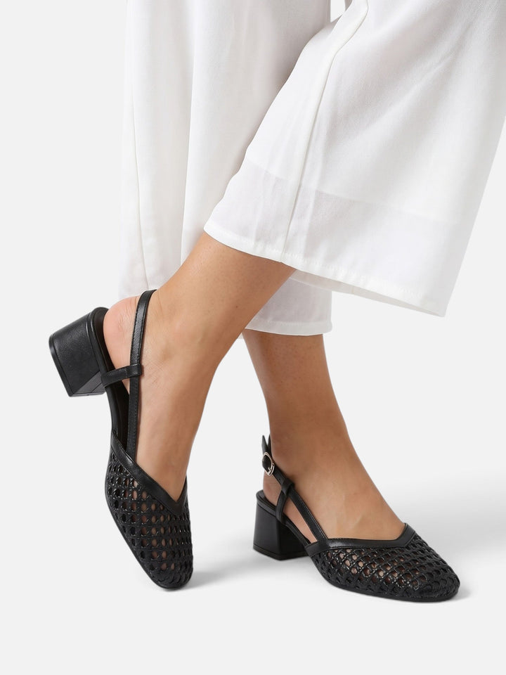 Damskie czółenka slingback z plecionki na kwadratowym obcasie