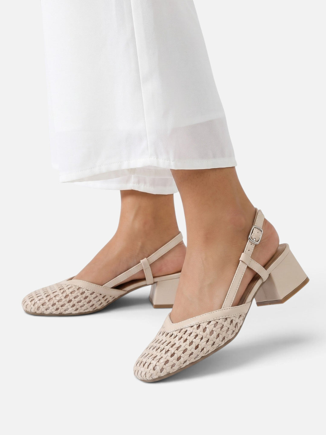 Damskie czółenka slingback z plecionki na kwadratowym obcasie