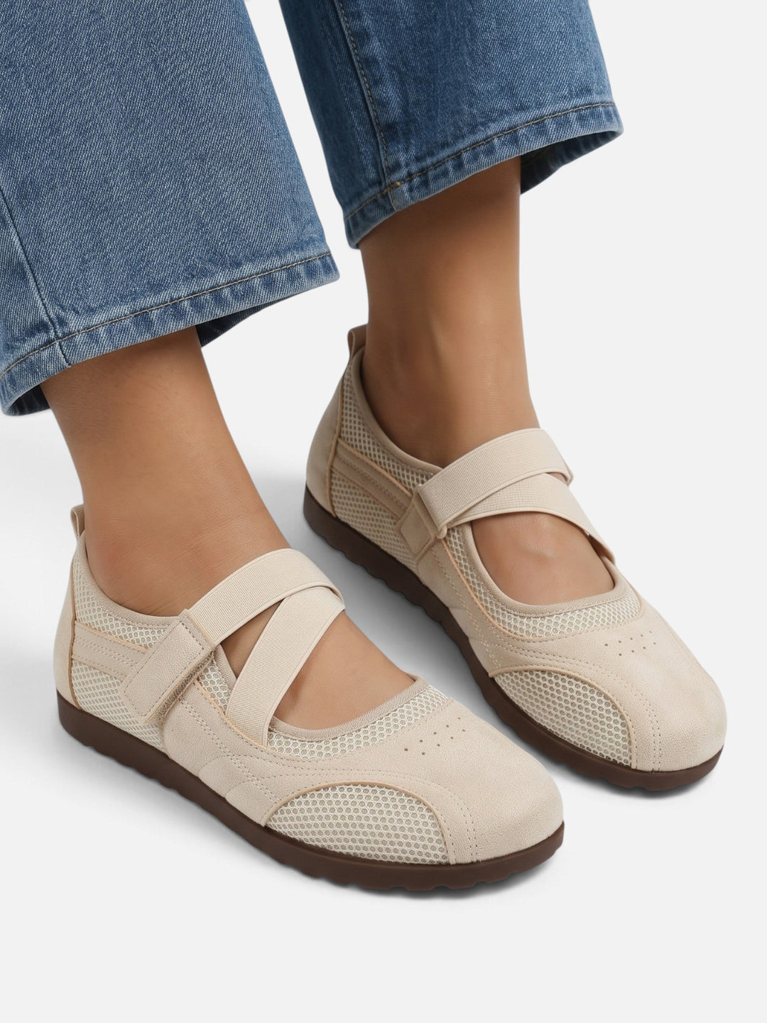 Damskie baleriny sneakerina z siateczki ze skrzyżowanymi paskami