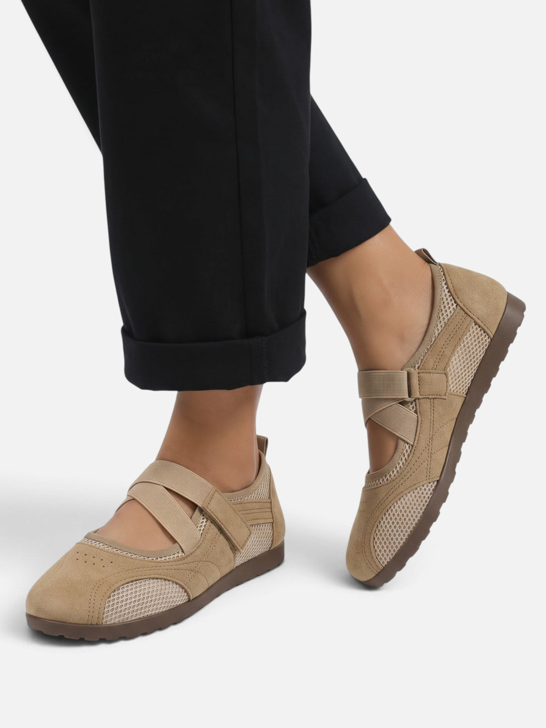 Damskie baleriny sneakerina z siateczki ze skrzyżowanymi paskami