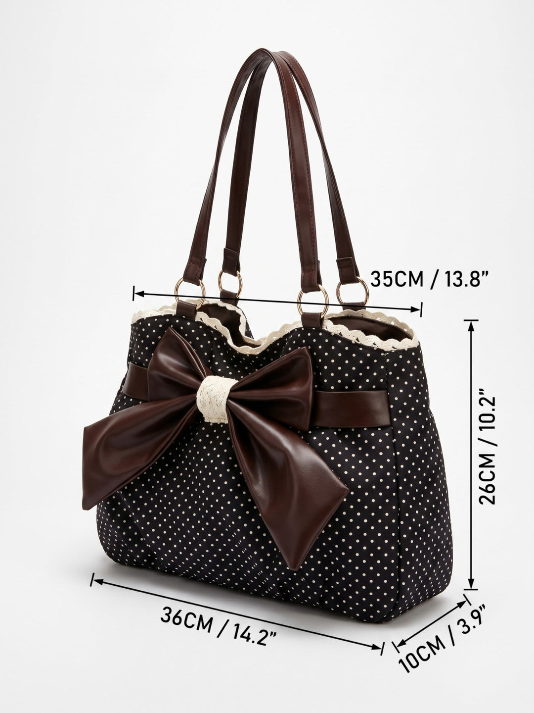 Damska torba shopper w groszki z kokardą i koronkowym obszyciem