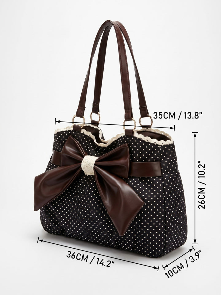 Damska torba shopper w groszki z kokardą i koronkowym obszyciem