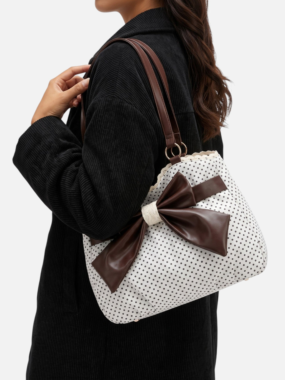 Damska torba shopper w groszki z kokardą i koronkowym obszyciem