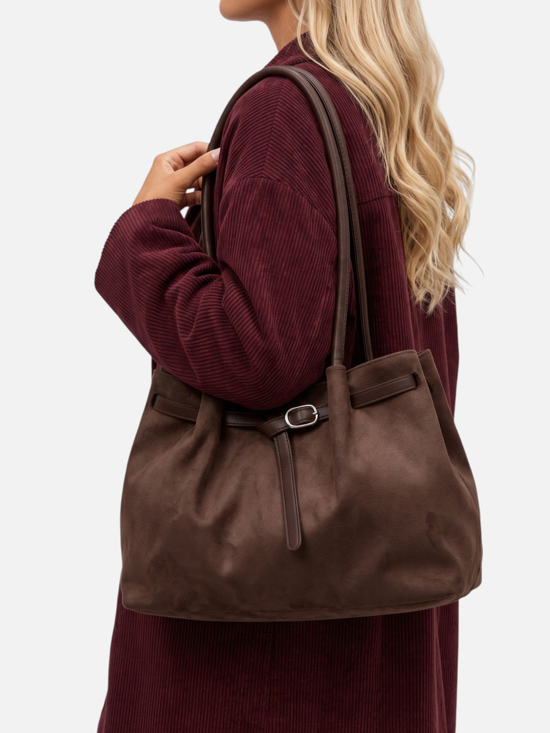 Damska torba shopper na ramię z zamszu z paskiem ze sprzączką
