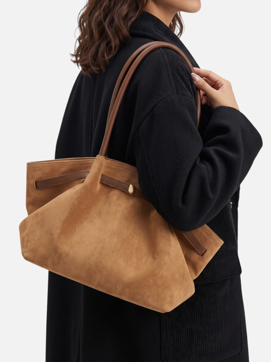 Damska torba shopper na ramię z zamszu z ozdobnym paskiem
