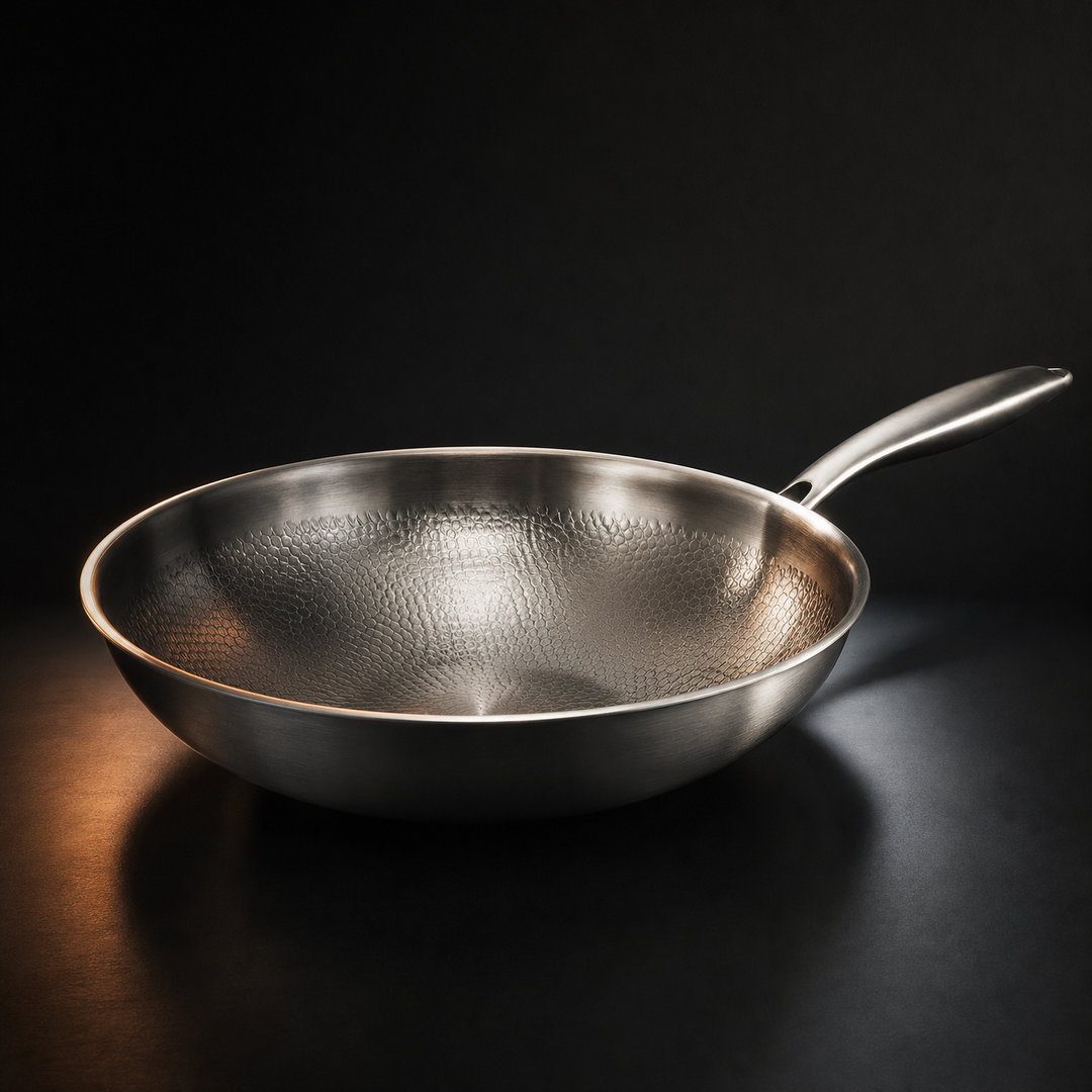 Młotkowana patelnia wok z tytanu z płaskim dnem
