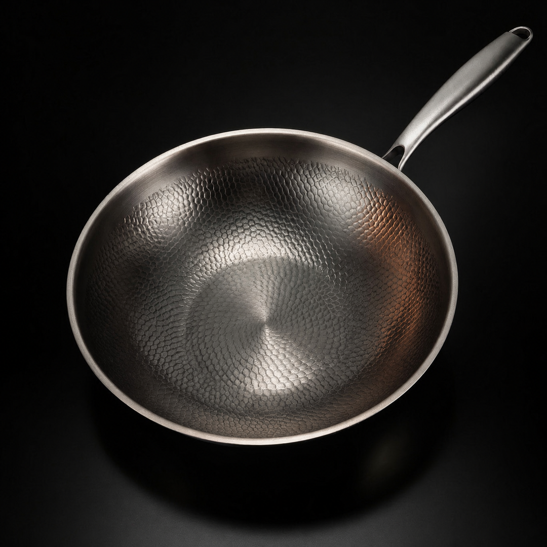 Młotkowana patelnia wok z tytanu z płaskim dnem
