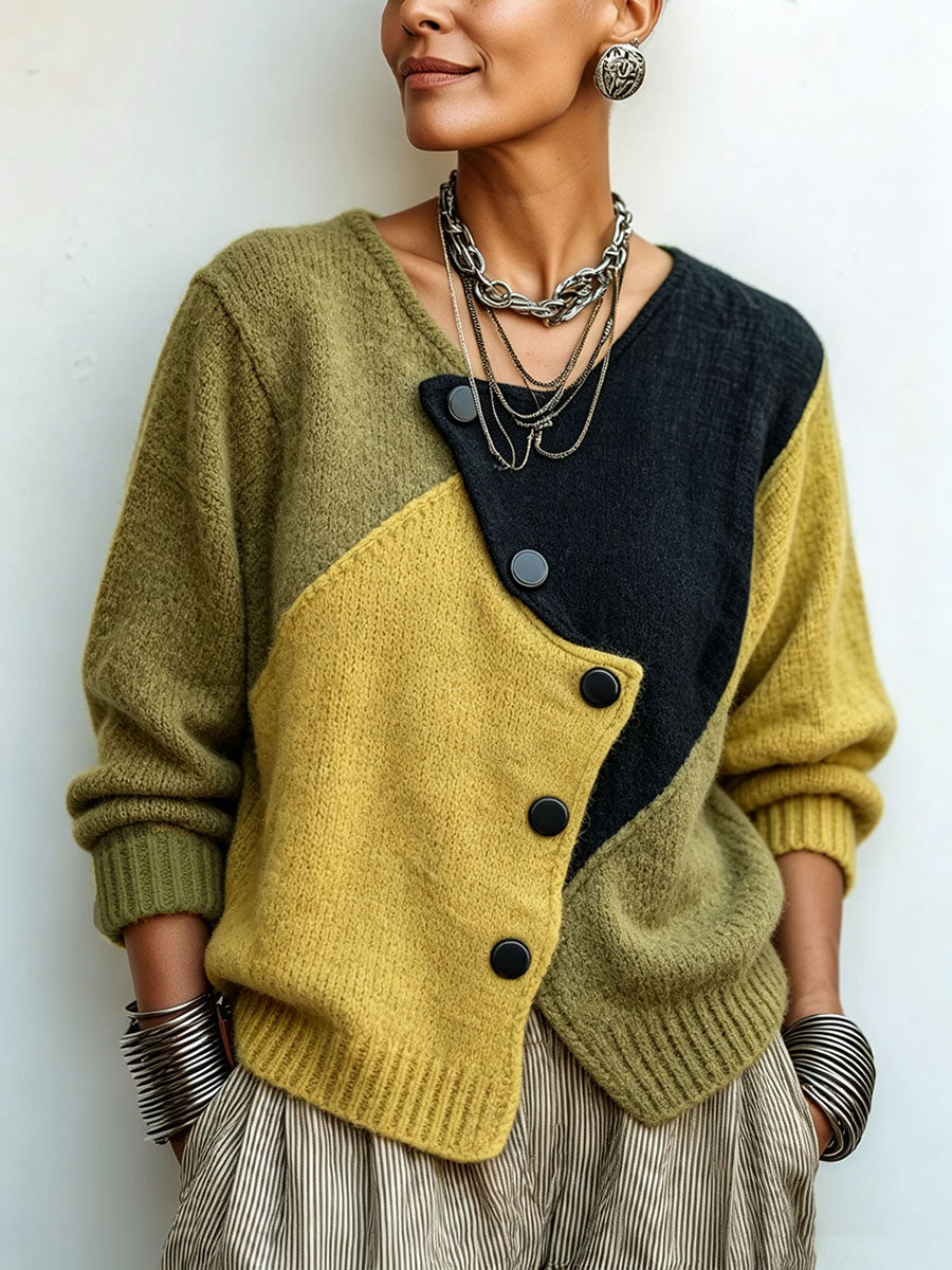 Damski sweter z dzianiny w stylu color block z asymetrycznymi guzikami, luźny krój