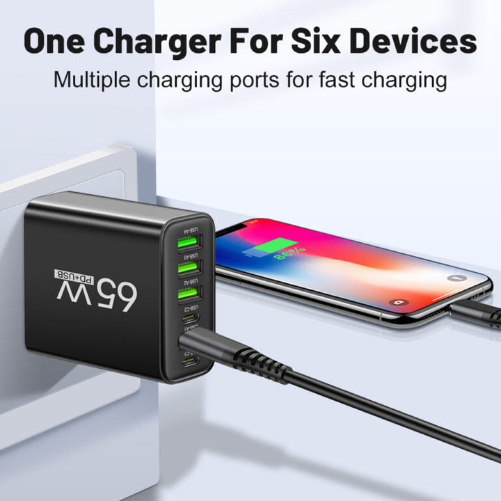 PowerMax 65W 6-w-1 szybka ładowarka – ładuje do 6 urządzeń jednocześnie – idealna do domu, biura i podróży
