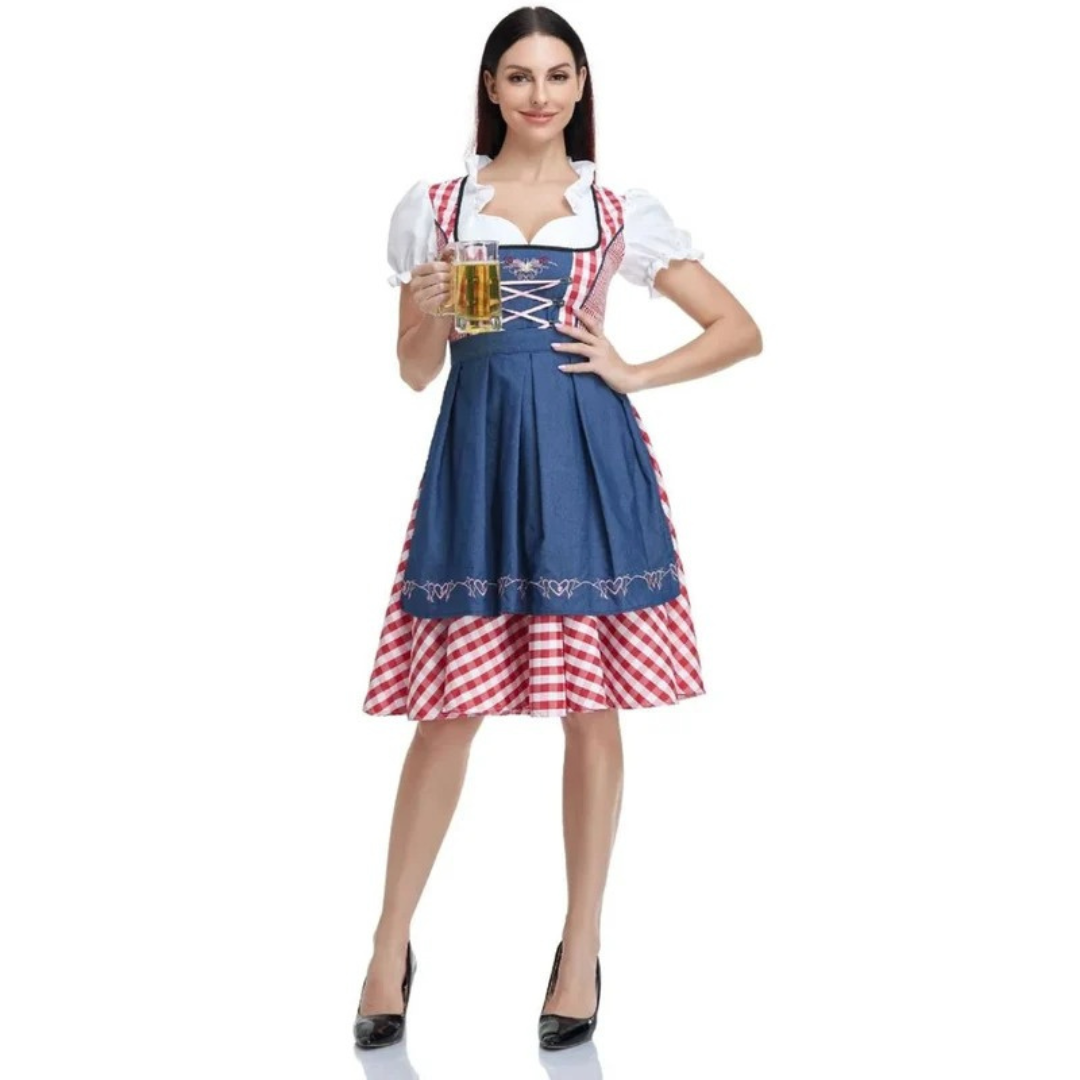 Damska sukienka w kratę ze sznurowanym gorsetem i fartuszkiem, midi na Oktoberfest